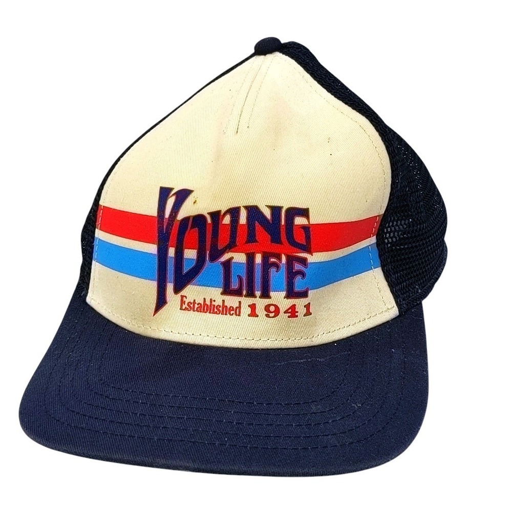 VTG Style Young Life Trucker Hat Navy Tan Snapback Mesh Cap Retro Stripe Graphic
